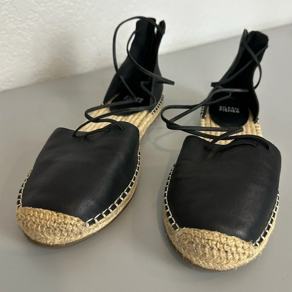 Eileen Fisher Black Leather Strappy Espadrilles